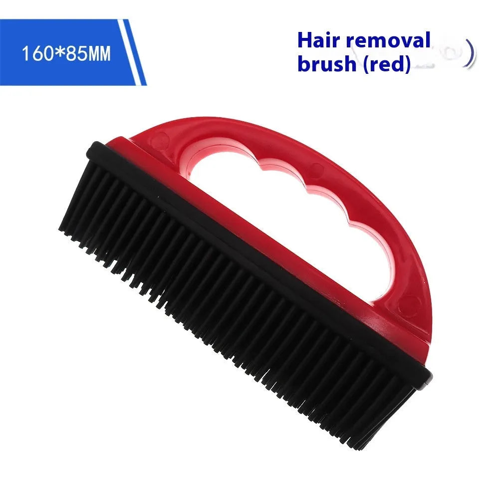Red plastic pet hair removal brush with massage function for bath time and carpet cleaning