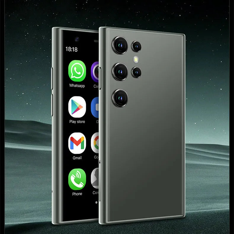Mini smartphone with 30-inch screen in black, green, or pink purple colours showing straight plate design