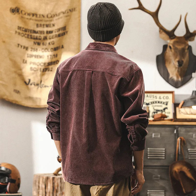 Men's retro corduroy long sleeve shirt in red and black colours showing loose fit design