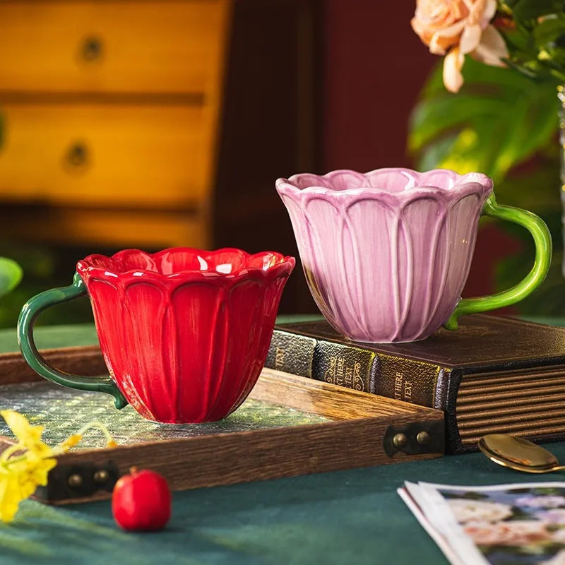 500ml pastoral floral ceramic breakfast cup in red, purple or mixed set