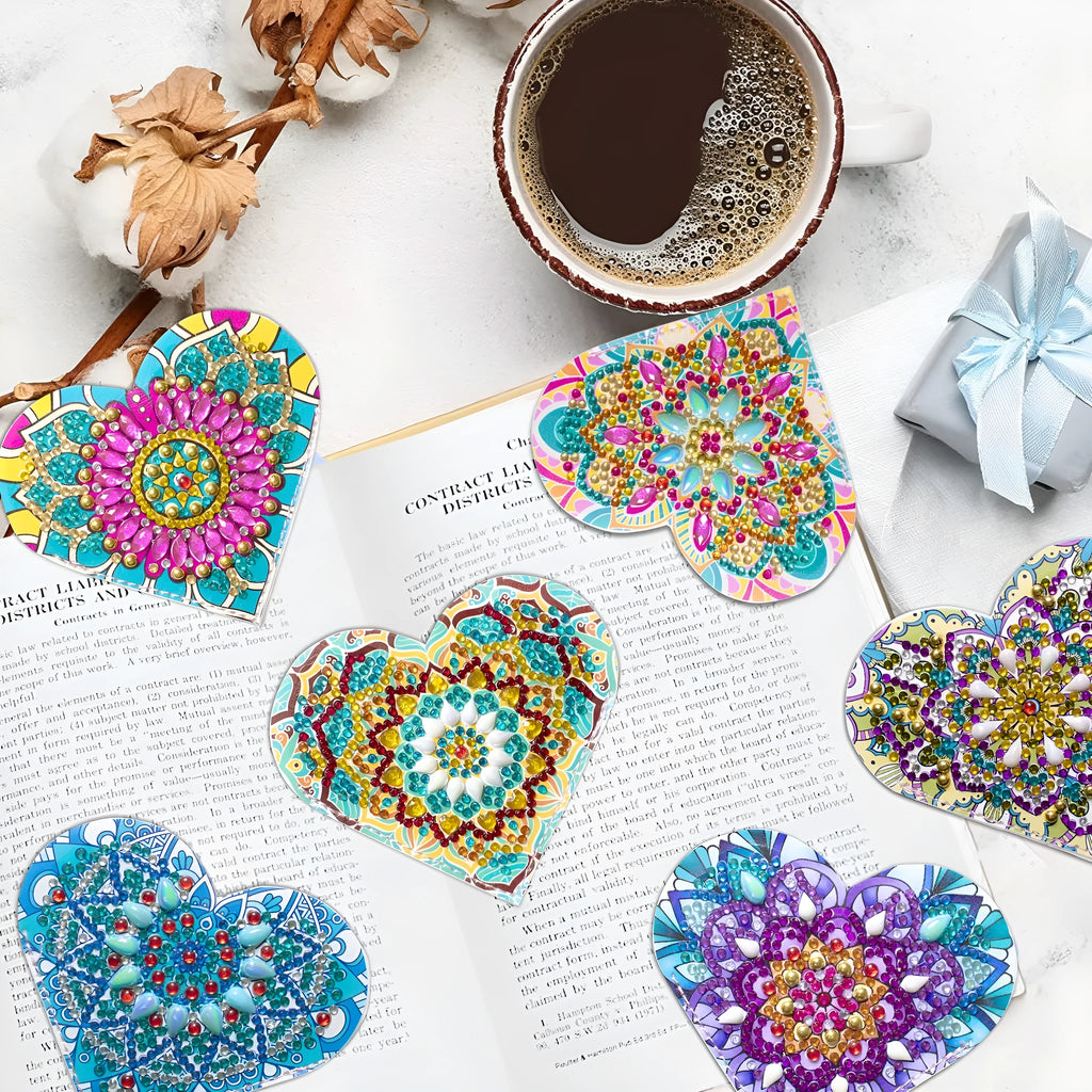 Six handmade PU leather bookmarks with crystal flower cornerite decoration in modern simplicity style