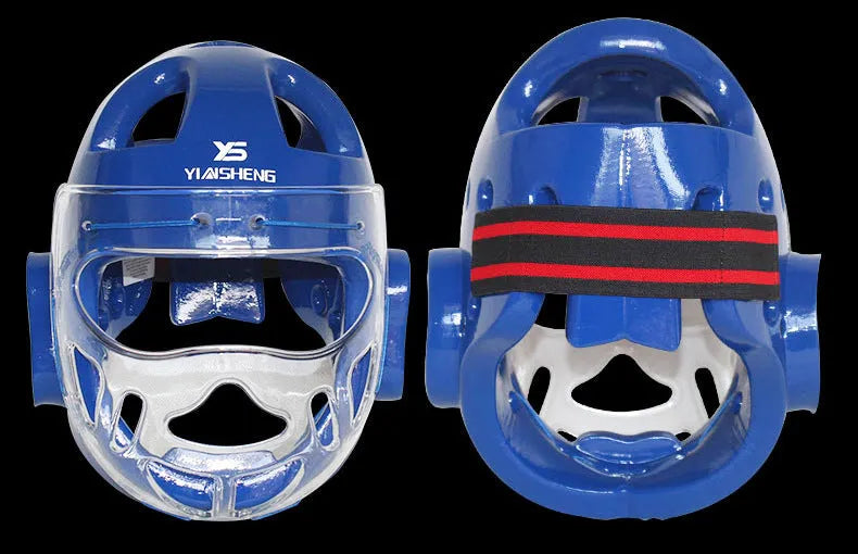 Karate helmet protective equipment in blue colour with adjustable straps and protective padding