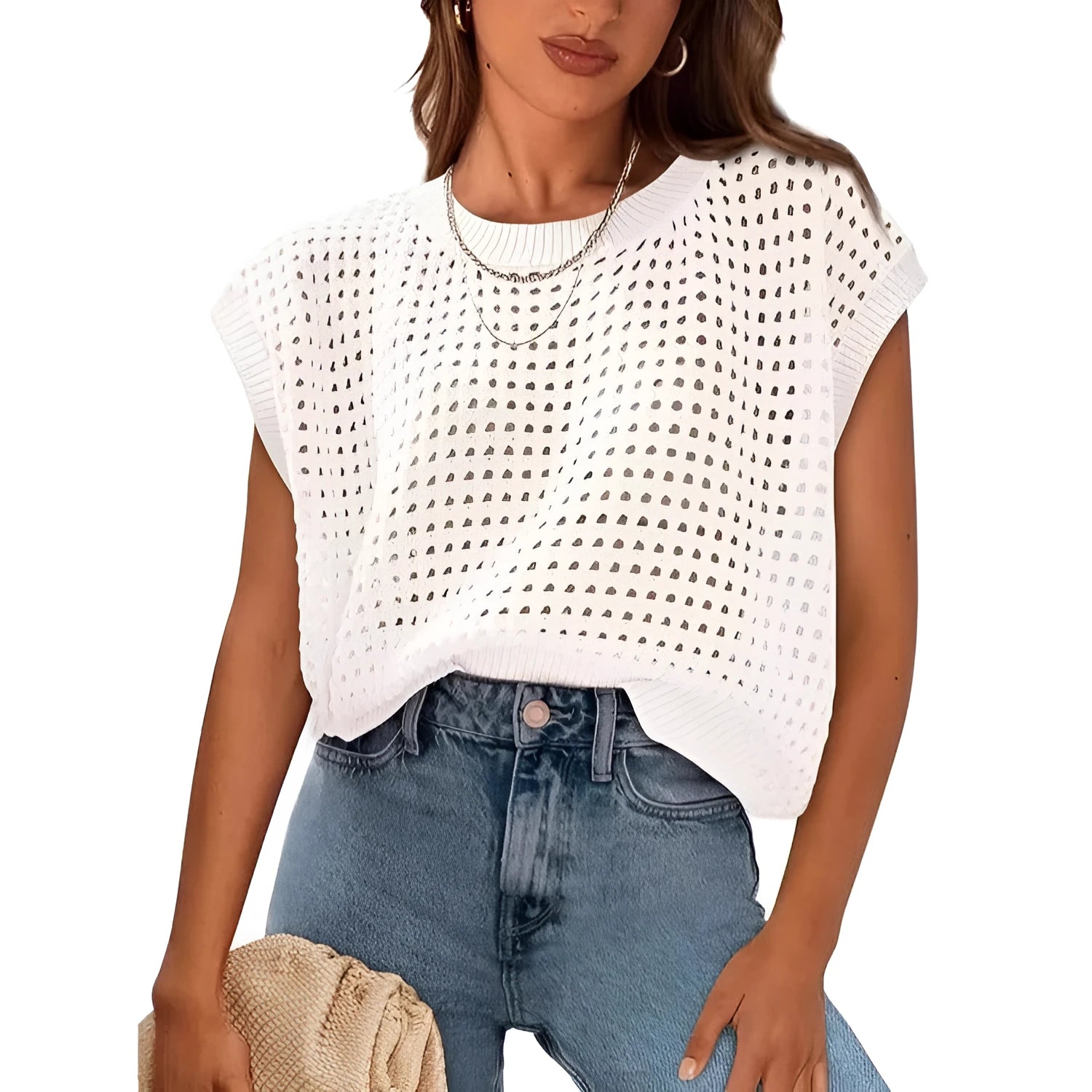 White loose-fitting women's polyester pullover sweater with round neck and long sleeves.