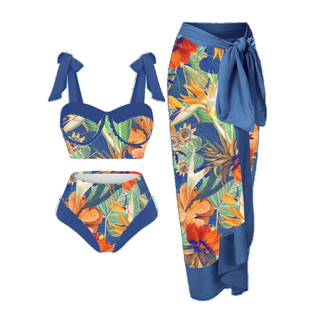 Women's three-piece swimsuit set with printing pattern showing skirt, bra and panties components