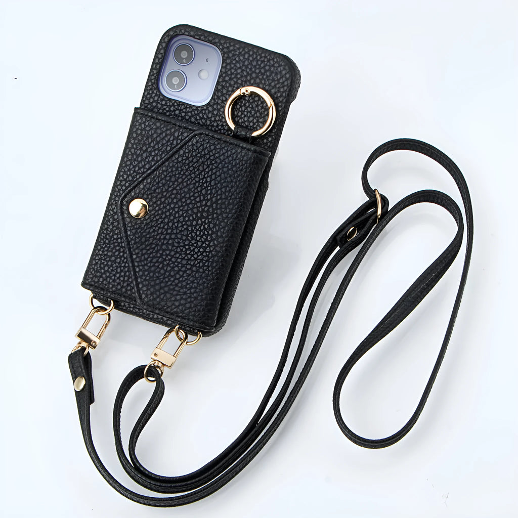 Anti-degaussing wallet phone case for Apple iPhone with bracket and crossbody bag in black imitation leather