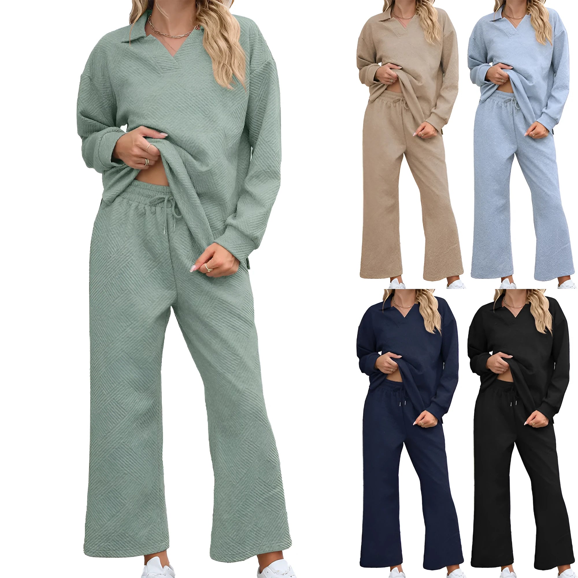 Women's black knitted jacquard two-piece suit with geometric pattern, showing long sleeve sweater and cropped elastic waist trousers.