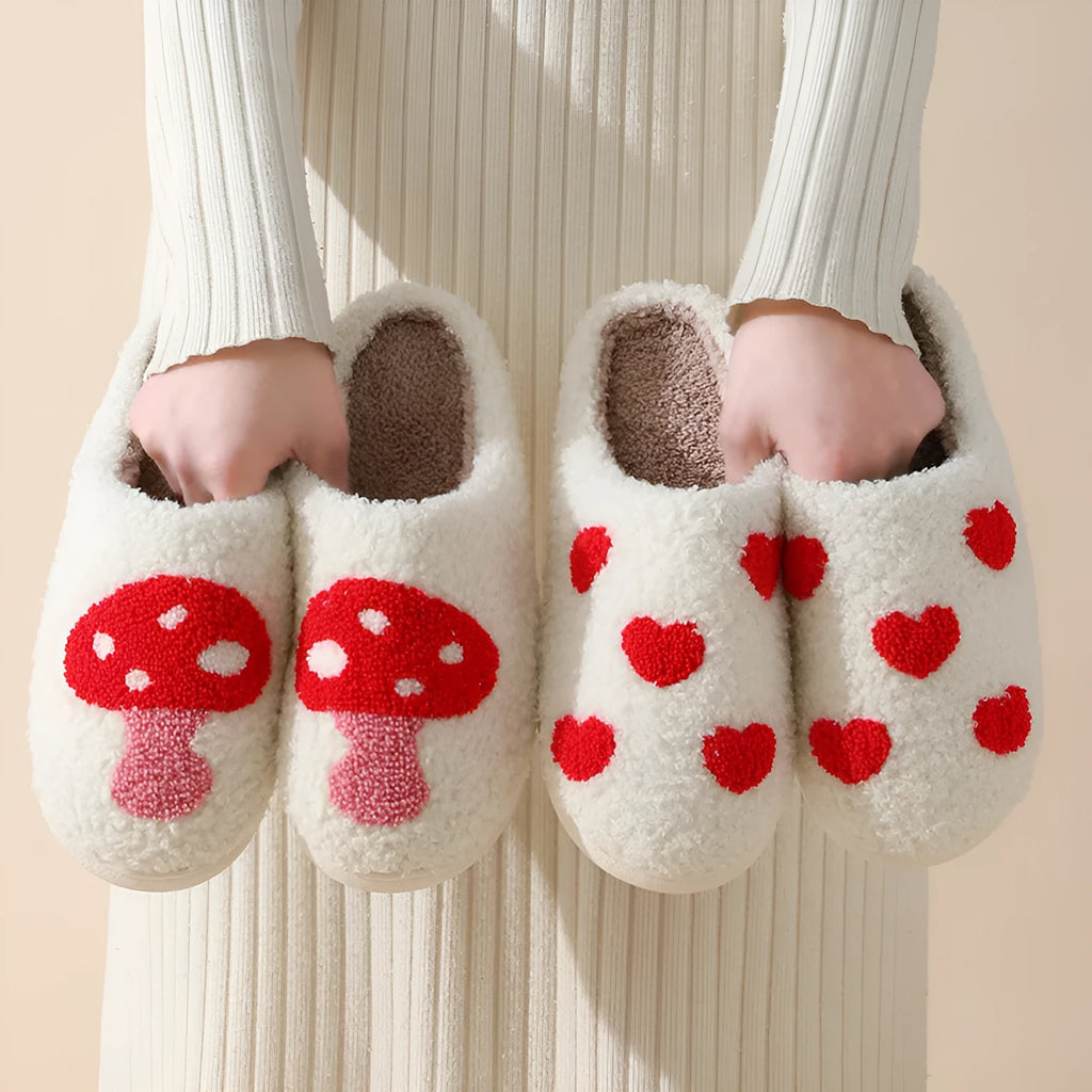 Adult women's plush cartoon pattern slippers with round toe and non-slip PVC sole