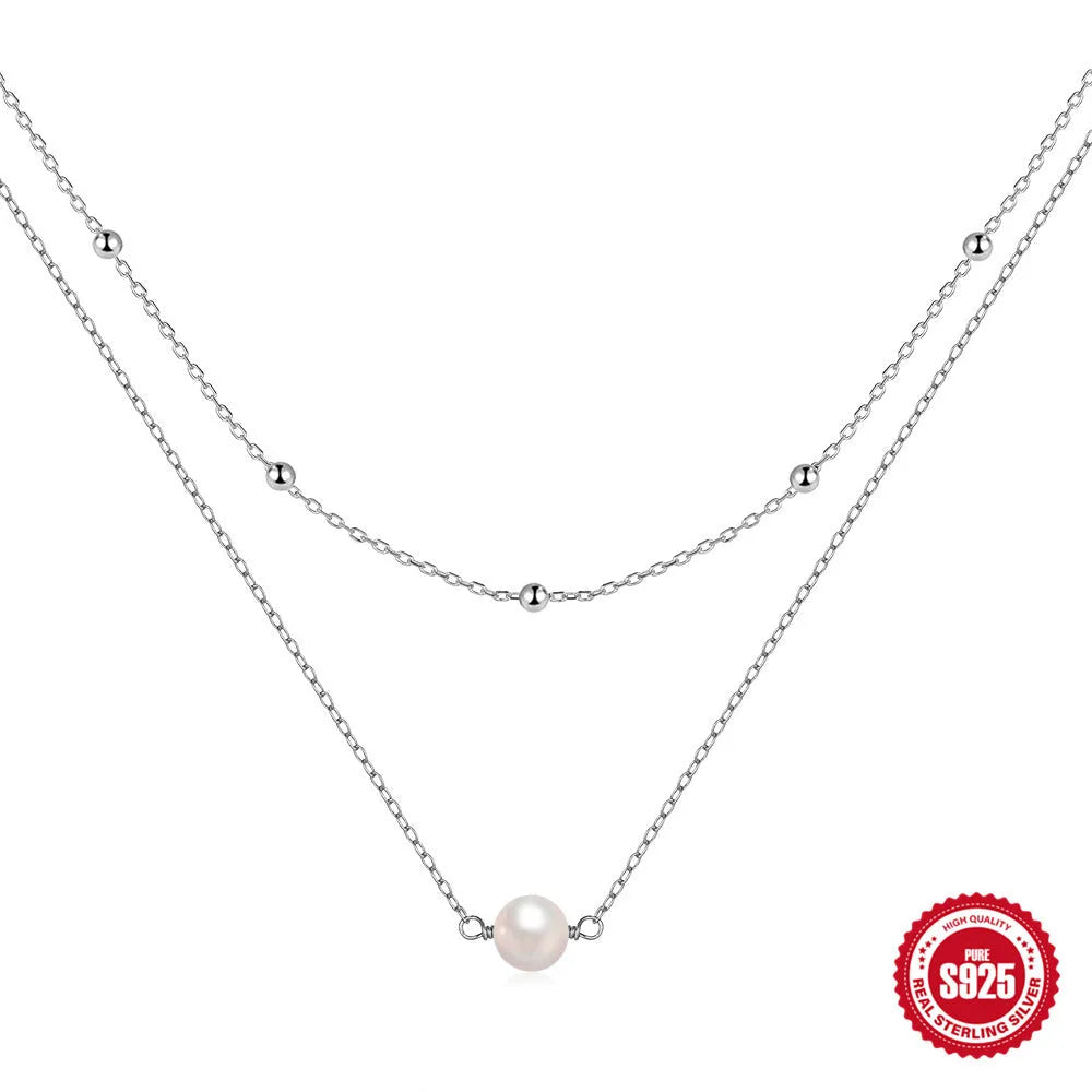 S925 sterling silver double layer pearl necklace with twin pearls and geometric design