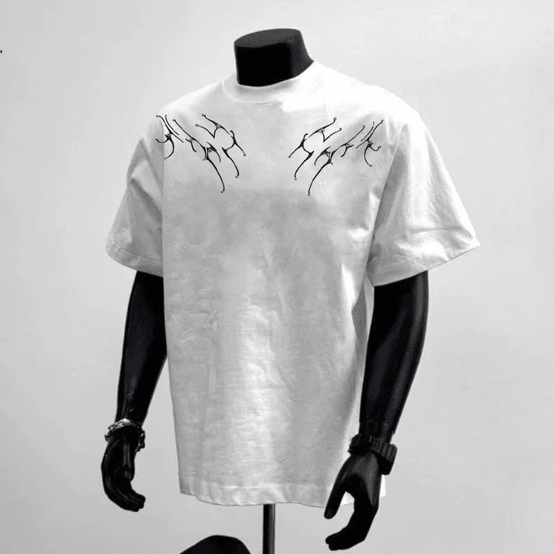 Men's black and white loose fit pure cotton short sleeve t-shirt with printing details