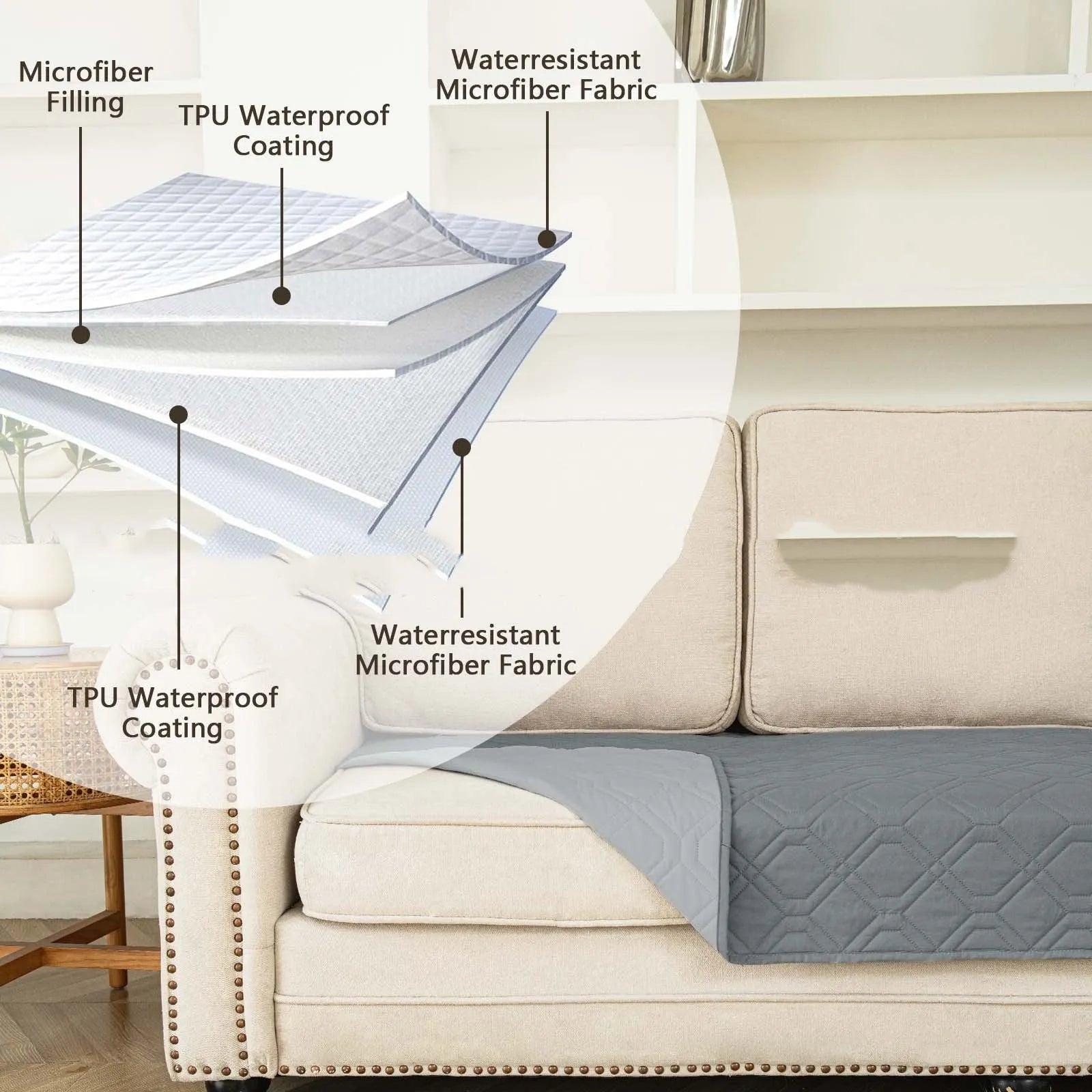 Reversible waterproof dog sofa cushion in dark grey and light grey, shown on a sofa.