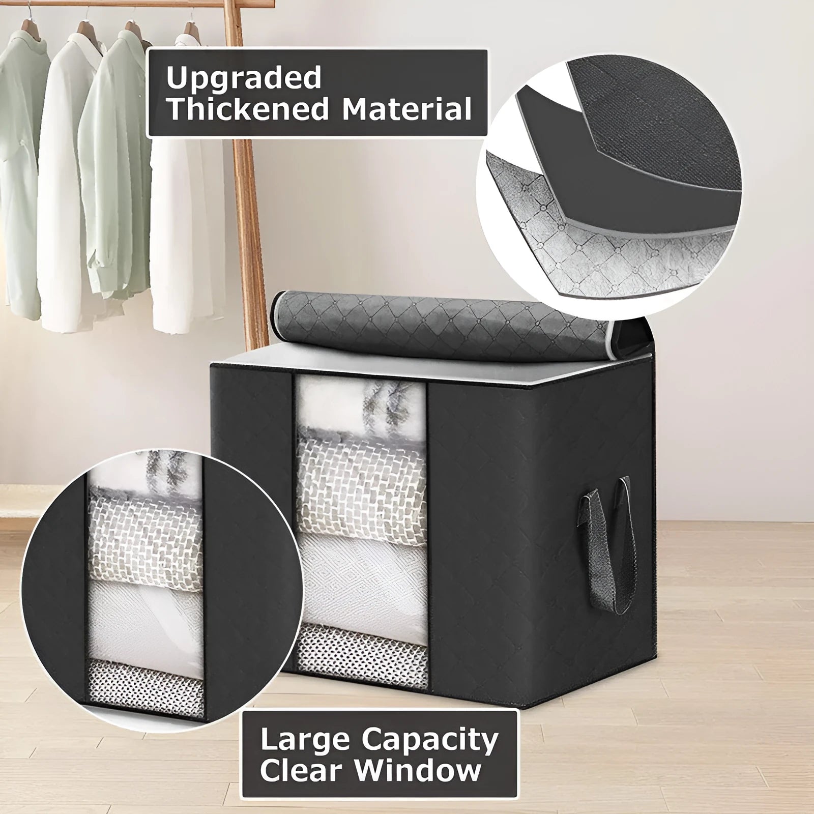 Beige non-woven fabric storage bag with zippered seal and carry handles for quilt and clothing organisation.