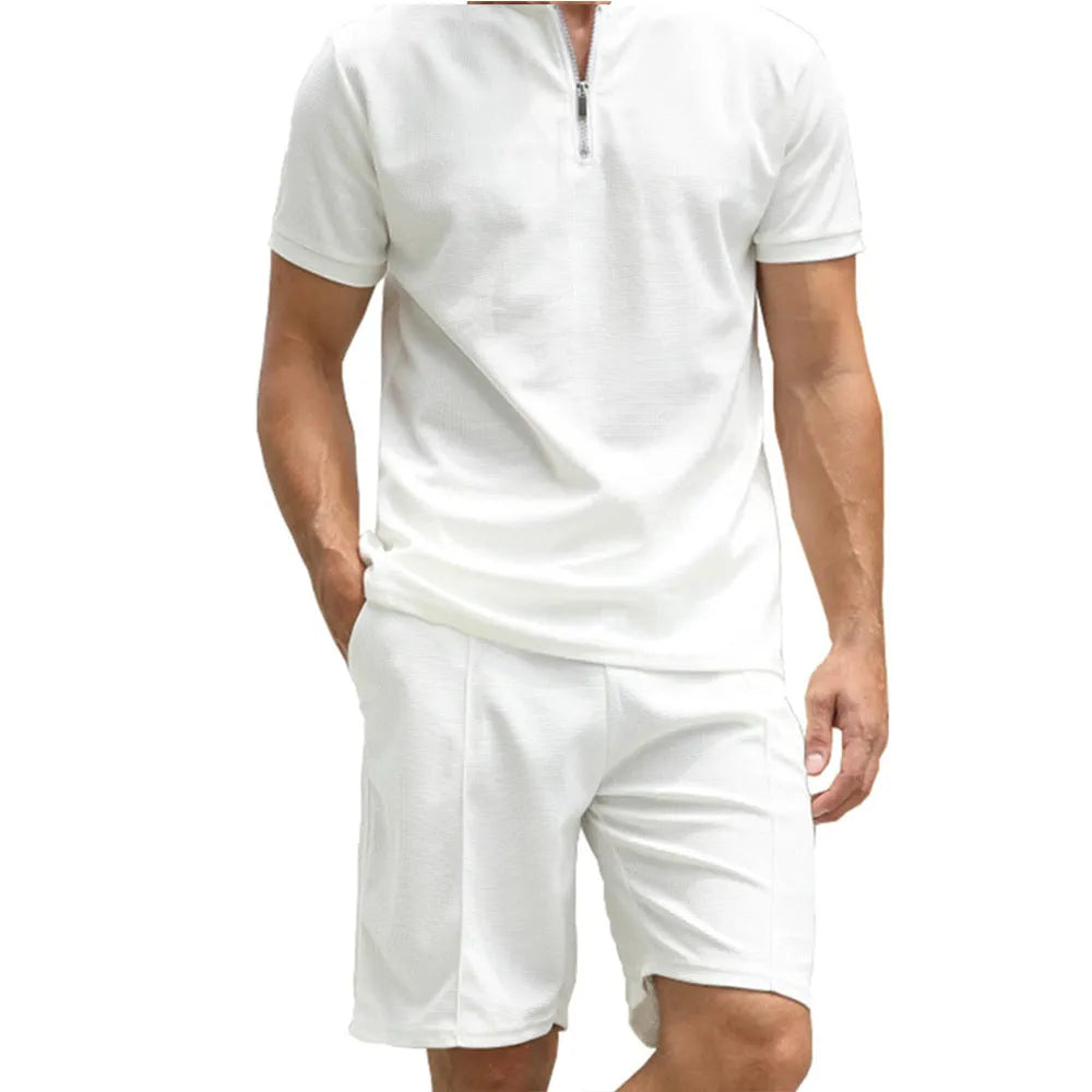 Men's solid colour polo shirt and matching shorts two-piece casual set