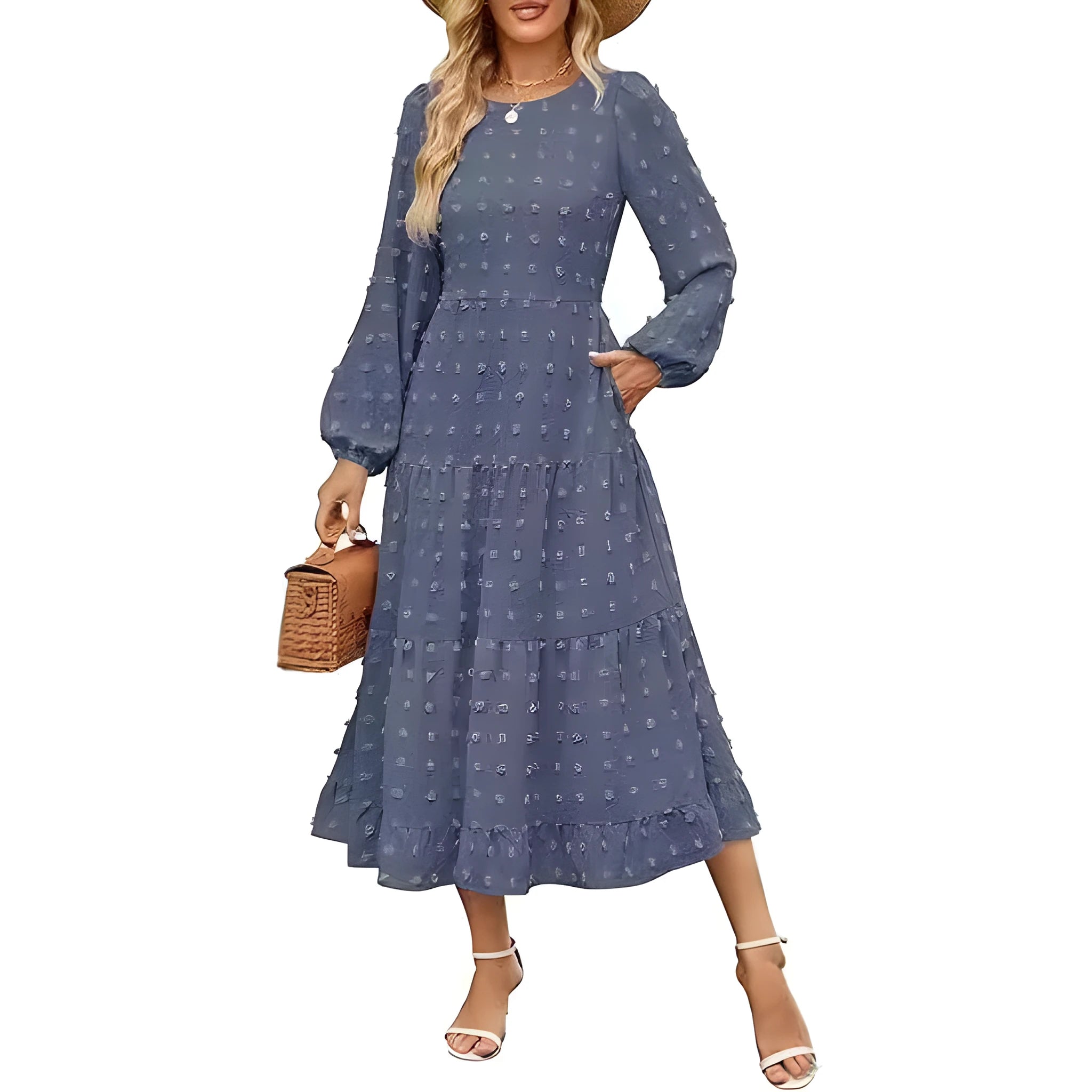 Women's beige long sleeve casual dress with ruffled sleeves and a high waist.