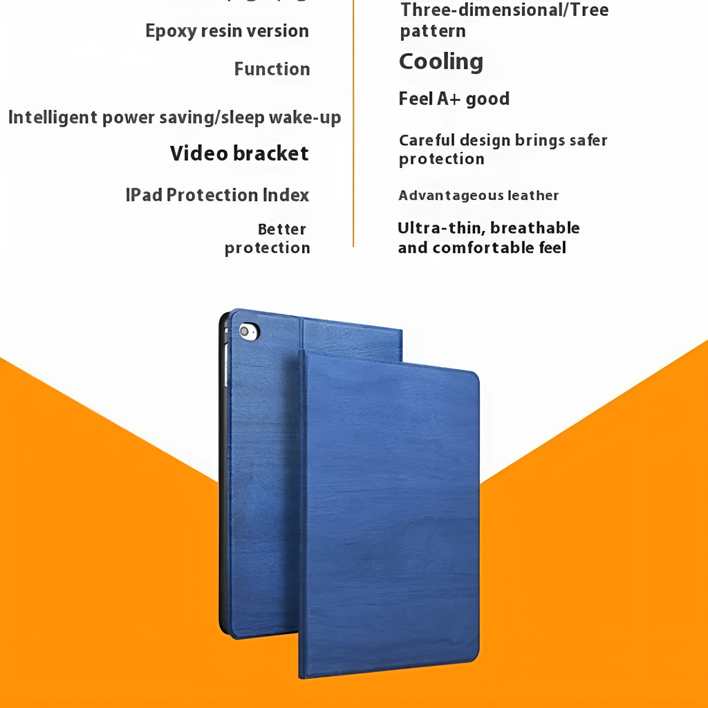 Universal Apple iPad protective cover in imitation leather with sleep bracket function, shown in sapphire blue colour