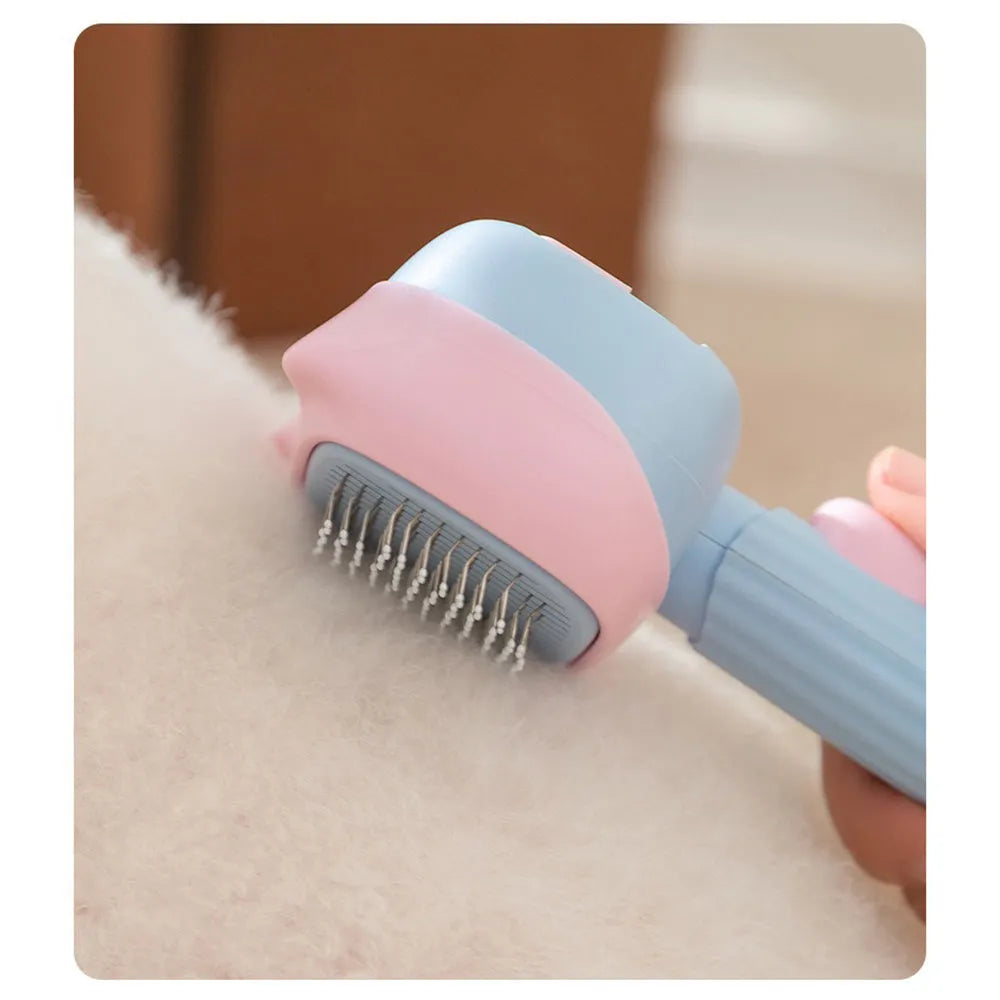 Blue double-sided pet grooming brush with deshedding rake and dematting comb