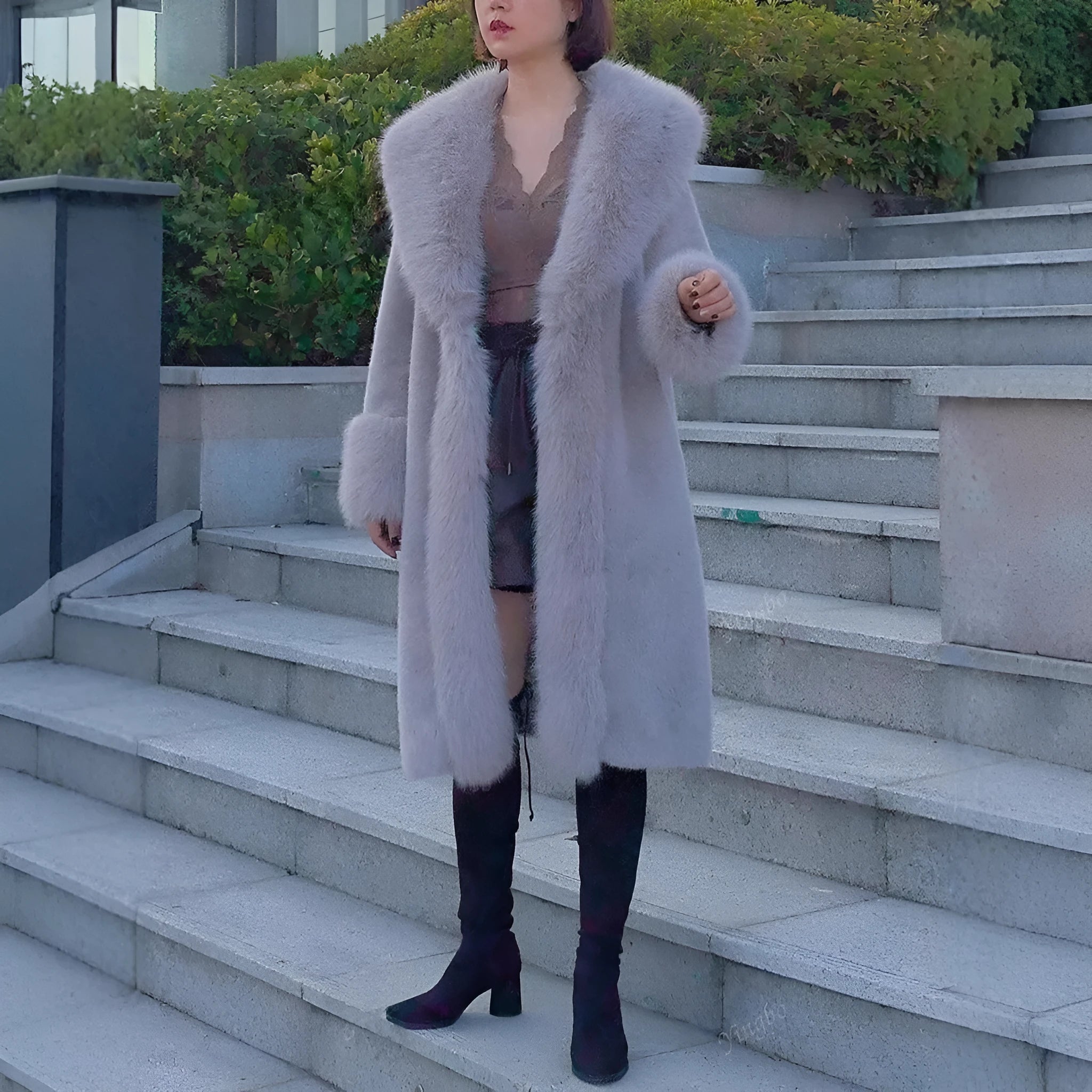 Women's grey thick faux rabbit fur mid-length coat with a fur collar.