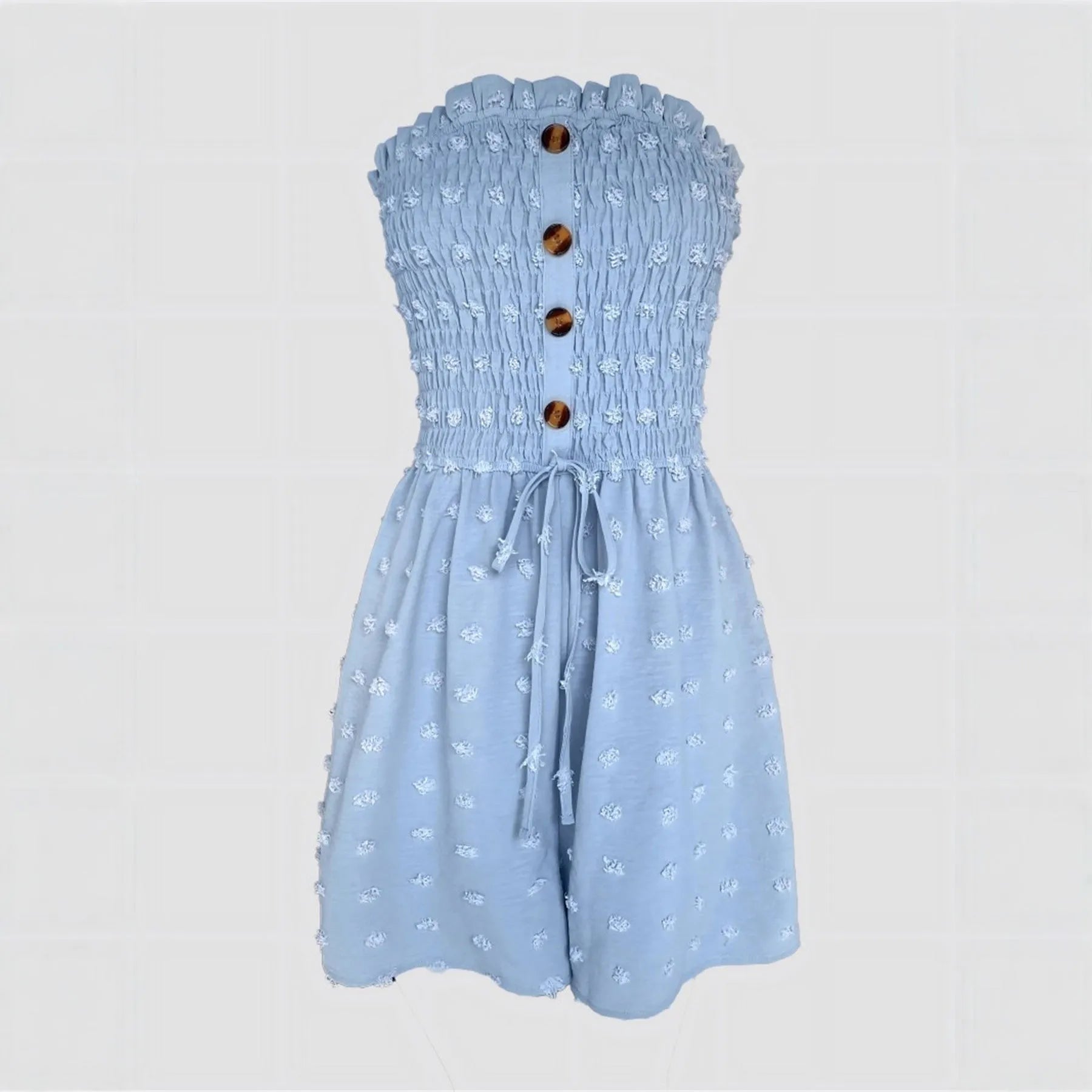Women's sleeveless off-shoulder jumpsuit in polyester fabric showing button detailing and elastic waist