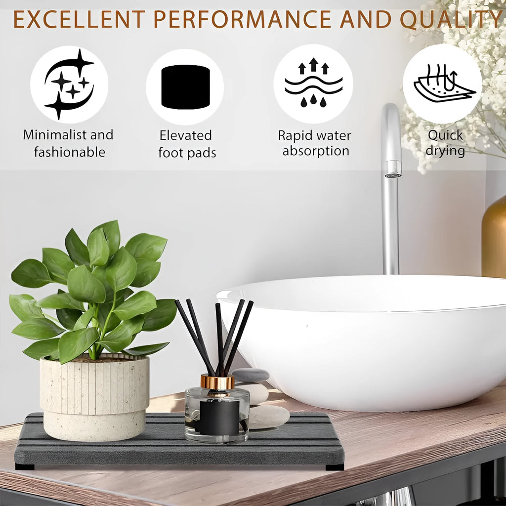 Square diatomaceous earth bathroom draining mat in solid colour on countertop