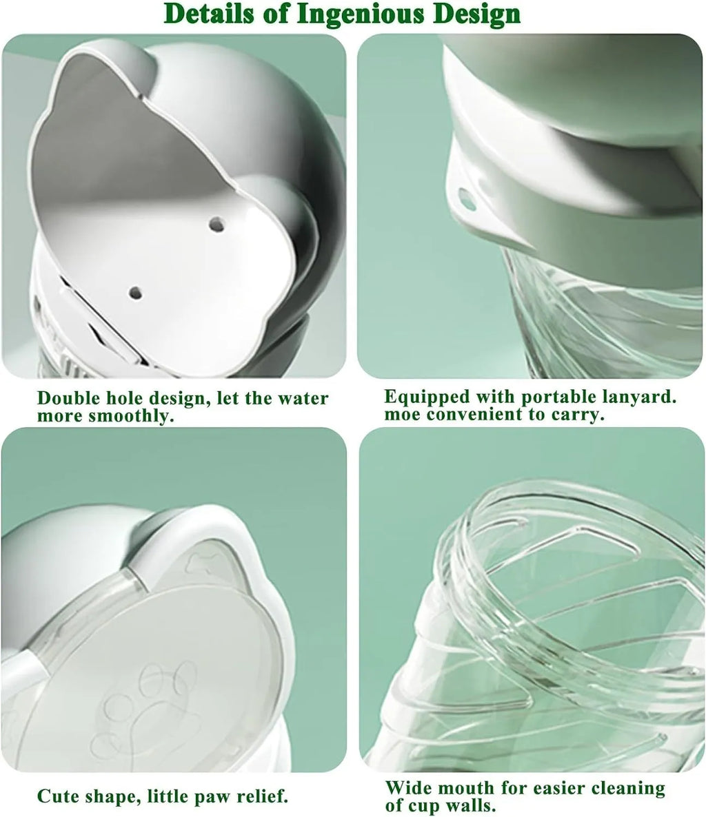 Green 3-in-1 portable pet water bottle with water dispenser, food container, and garbage bag compartment