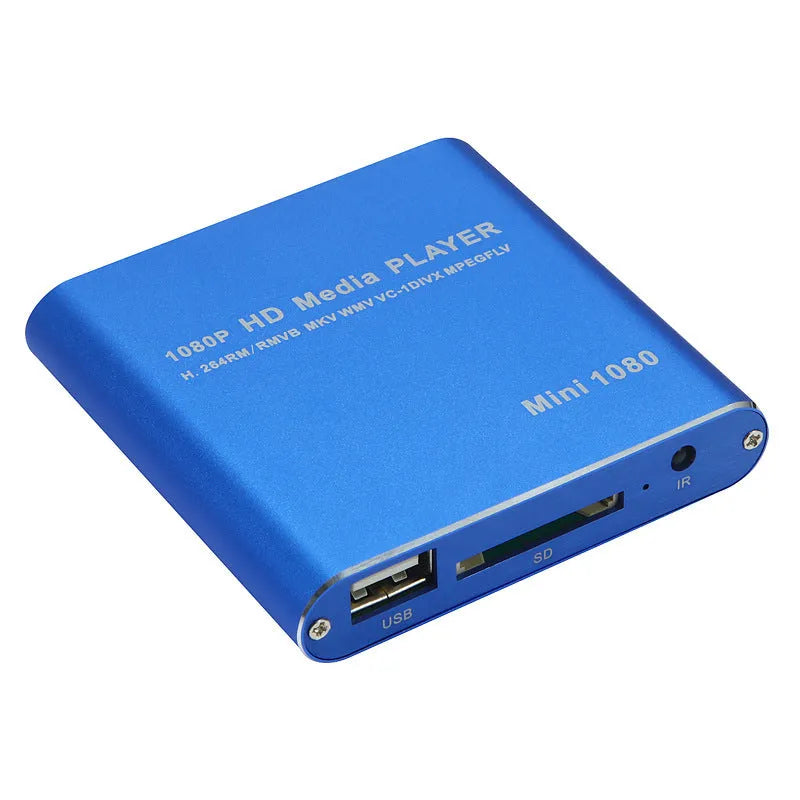 Compact black or blue 1080P Full HD media player with HDMI port for SD cards and USB drives