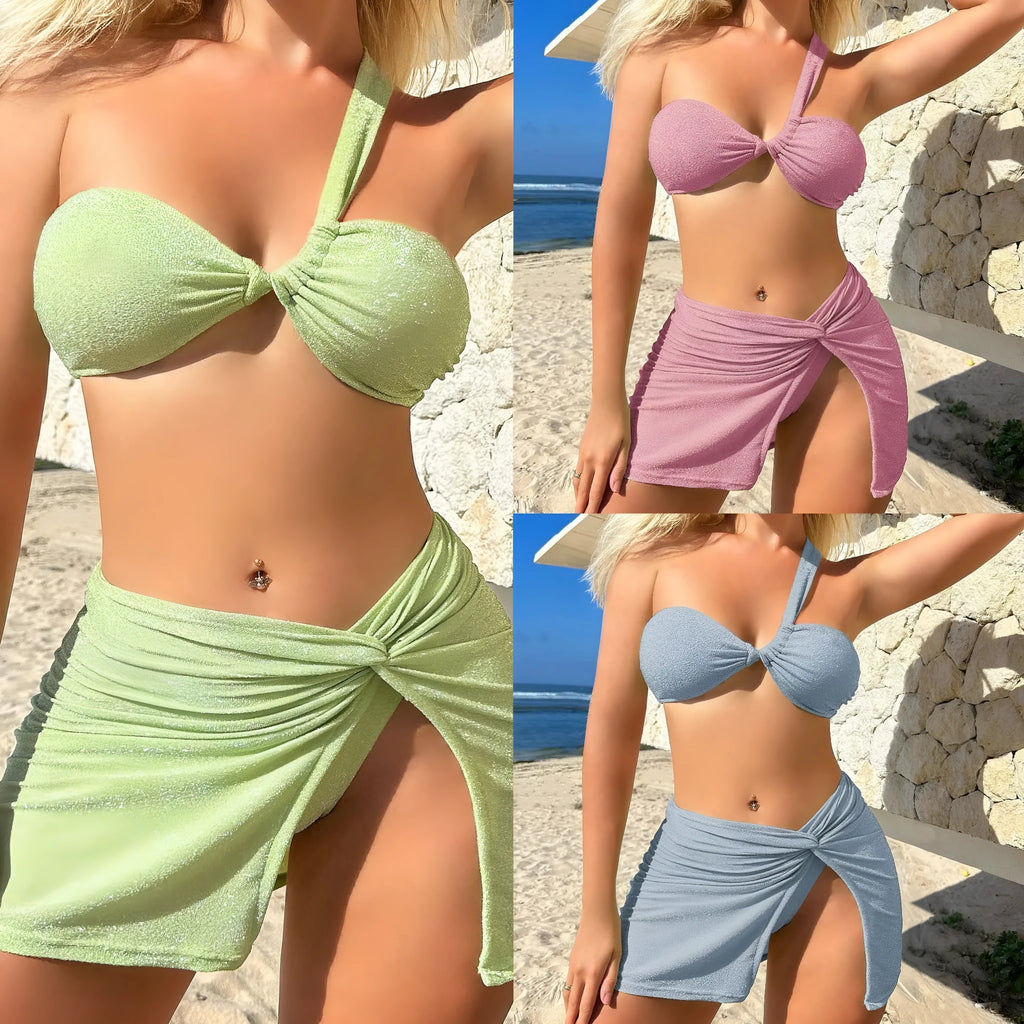 Women's one-shoulder tube top glossy polyester three-piece swimsuit set in light green