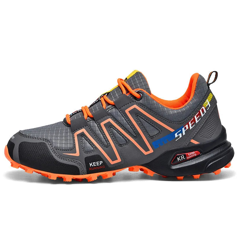 Men's grey-orange plus size casual shoes with synthetic leather upper and rubber sole.
