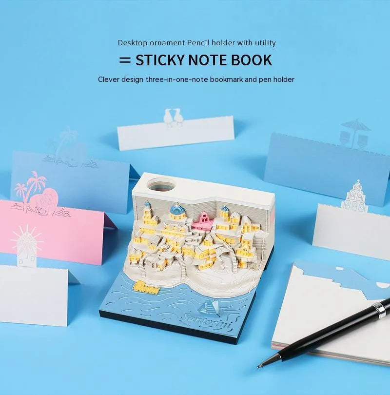 Santorini 3D notepad paper carving building model with 166 pages on desk