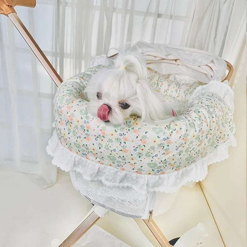 Pet stroller accessory set showing cushion, pillow and anti-dirty towel in assorted colour patterns