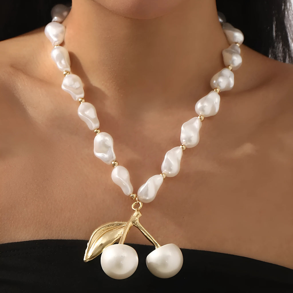 Creative cherry fruit pearl necklace for women with adjustable 51-60cm length