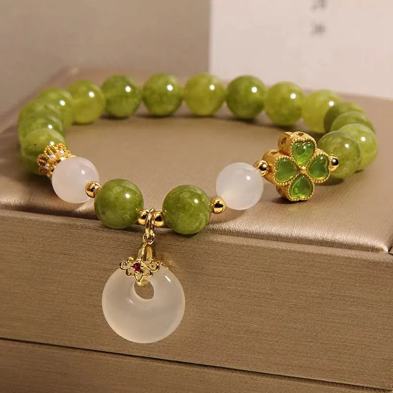 Green tourmaline and four-leaf clover women's bracelet with safety peace buckle
