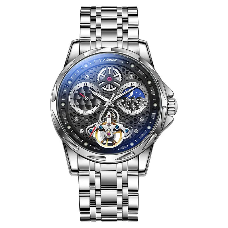 Men's automatic watch showing black and white colour options with leather strap and steel bracelet.
