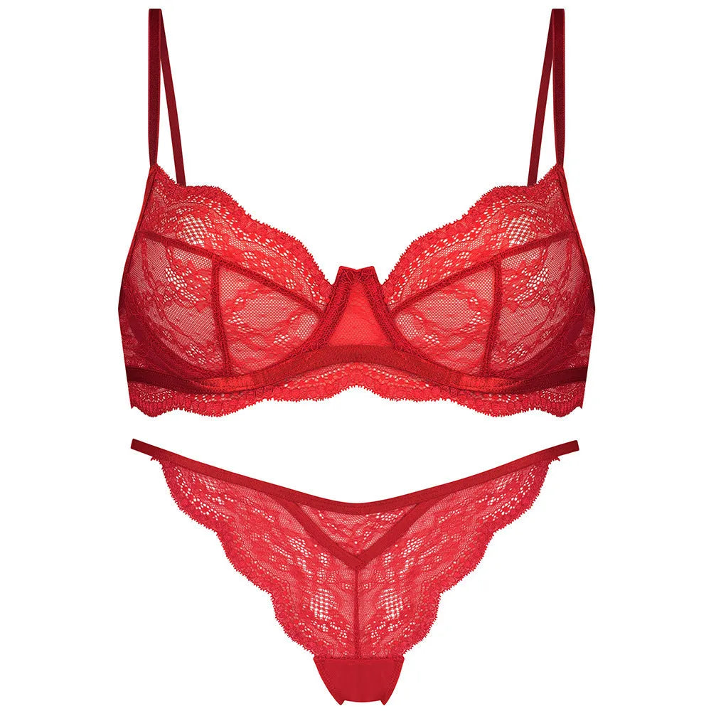 Women's black red green French bra bikini set with fixed double shoulder straps