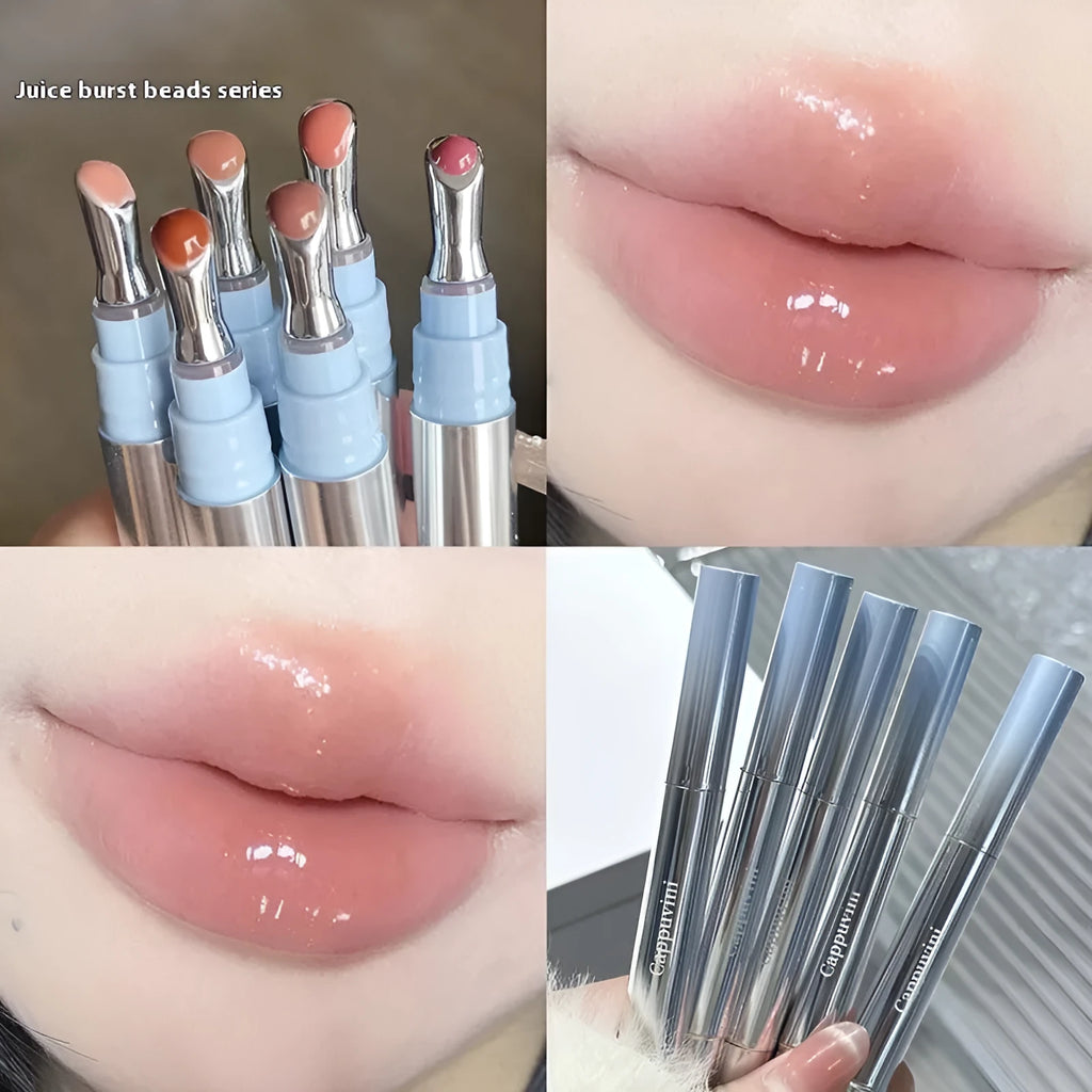 Mirror water light lip gloss tube showing six ice-tone colour options including almond ice and raspberry ice