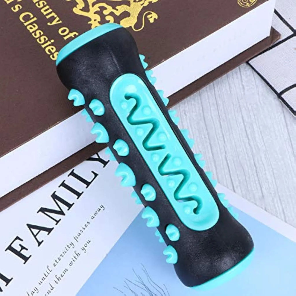 A blue natural rubber dog dental chew toy shaped as a textured stick, measuring 15cm long.
