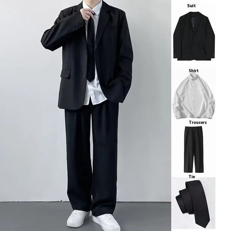 Men's plus size polyester suit set with white shirt and tie in college style for formal occasions