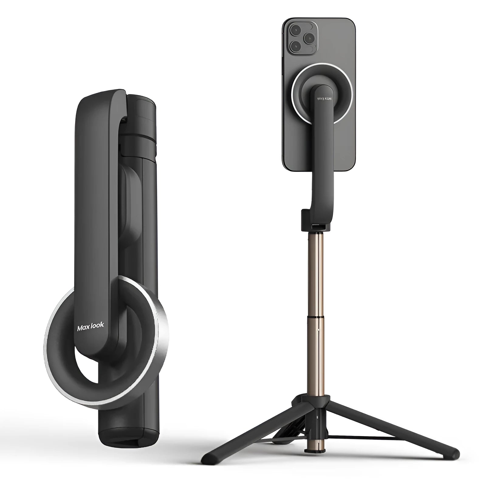 Mobile phone bracket selfie stick with stainless steel arm and Bluetooth remote in black colour