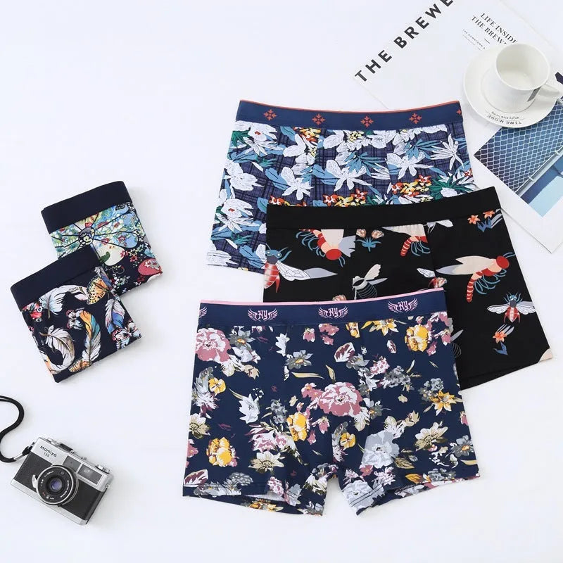 Men's cotton boxer underwear showing U-shaped convex design, mid-rise waistband, and floral pattern options