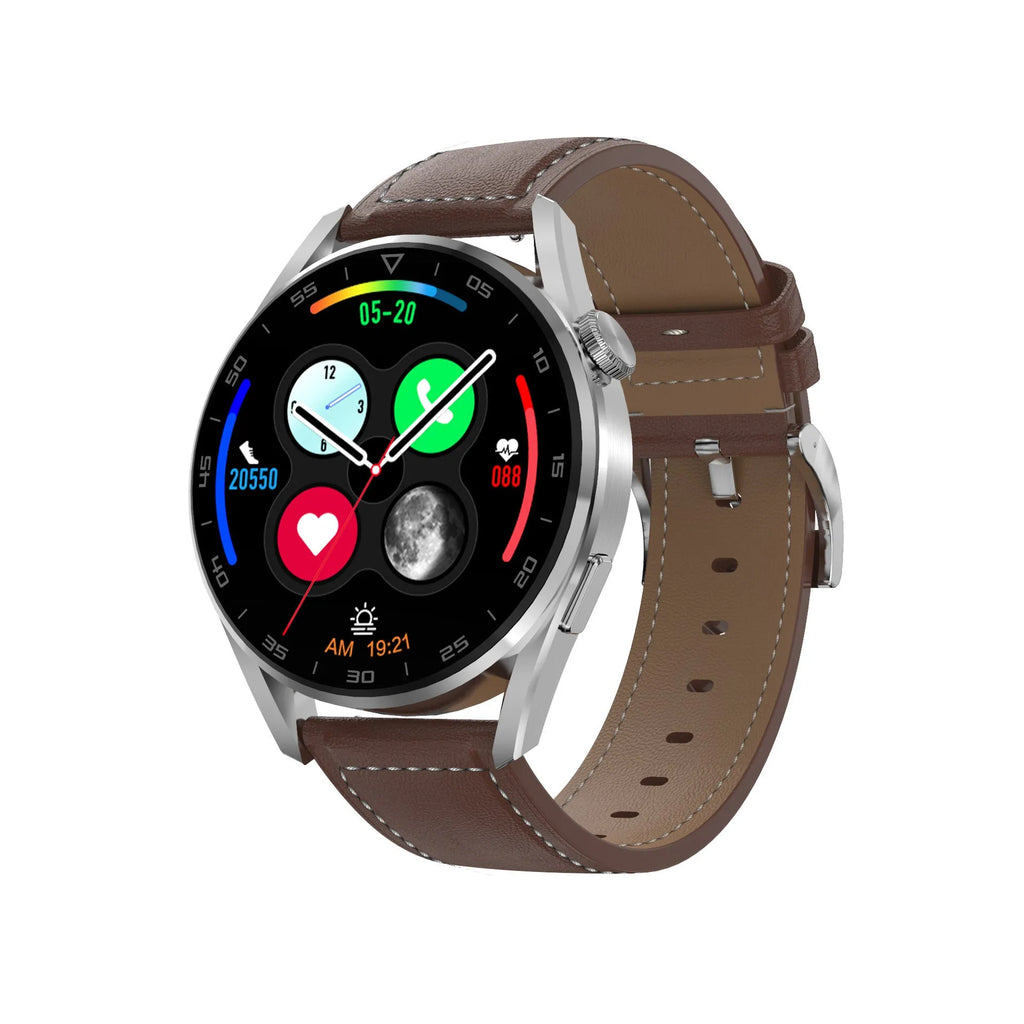 Smart watch with metal band showing 1.3-inch display showing Bluetooth and QR code icons
