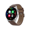 Smart watch with metal band showing 1.3-inch display showing Bluetooth and QR code icons