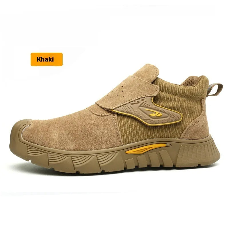 High-top black steel toe cap electric welding work shoes with lace-up front.