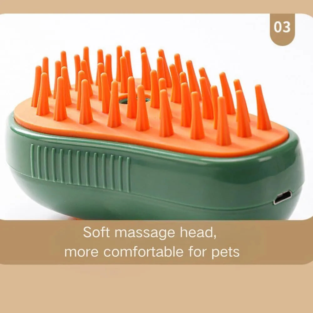Green and white rechargeable cat steam grooming brush with silicone teeth and water spray nozzle.