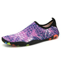 A pair of quick-dry beach wading shoes in camouflage print, showing the Lycra elastic upper and EVA midsole.