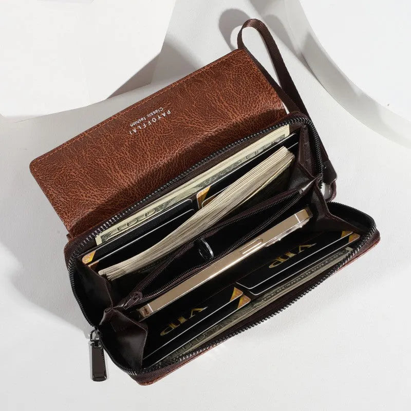 Men's black PU leather long wallet showing multiple card slots, placed next to a brown colour option.