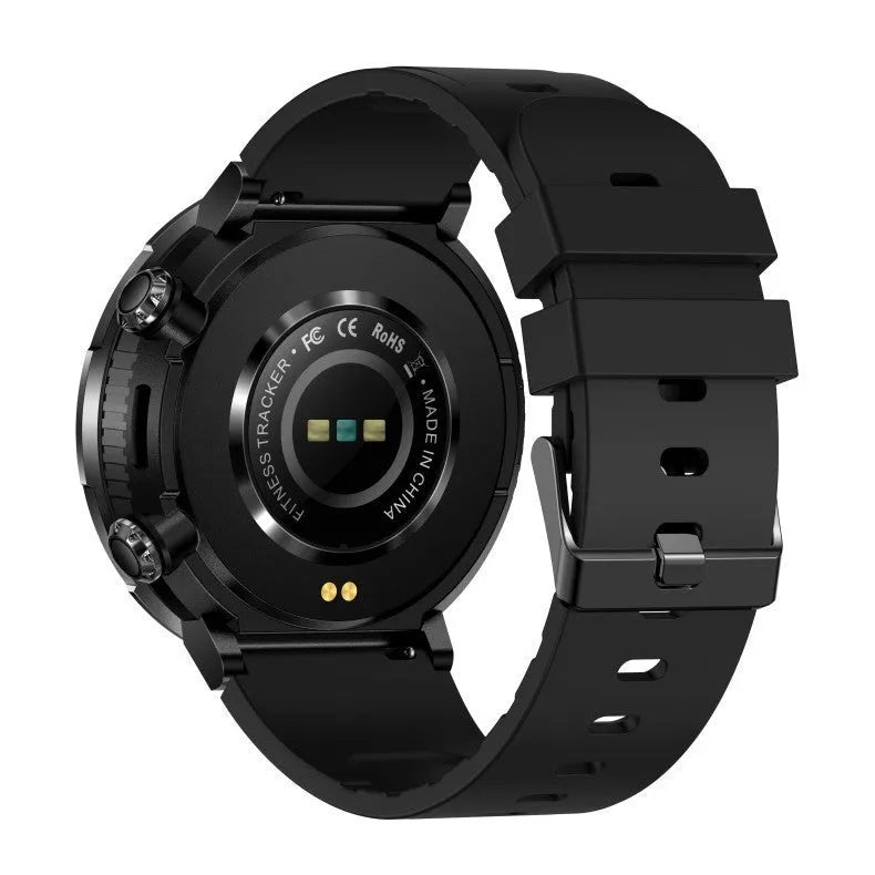 T30 Smart Watch in black on wrist, showing 52mm IPS screen displaying time and heart rate.