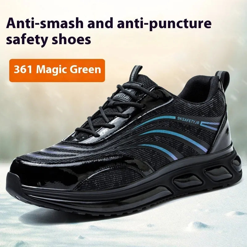 Lightweight leather labour protection safety shoes with rubber soles in orange, grey, green and yellow colours