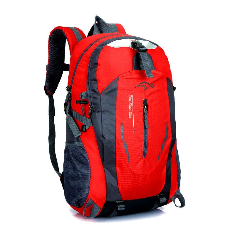 Large black Oxford cloth outdoor travel backpack showing laptop compartment and double shoulder straps.