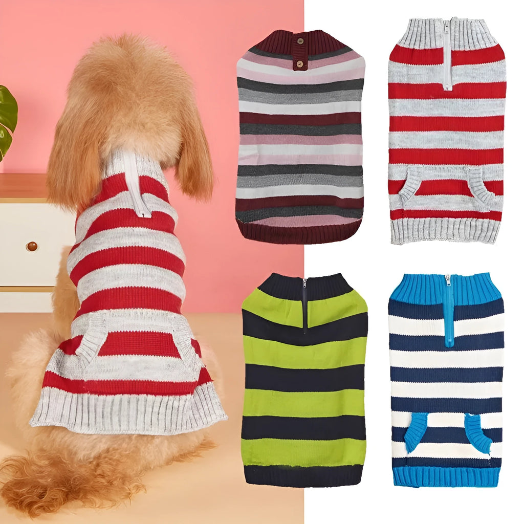Grey dog sweater with horizontal front zipper and contrast colour button pocket on small breed dog