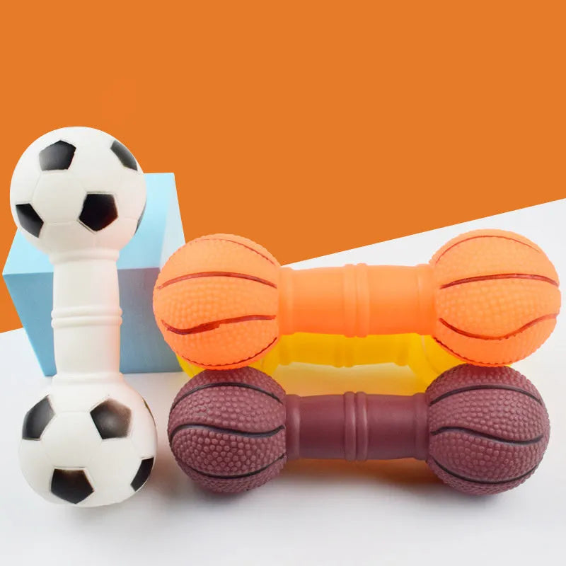 Brown orange white yellow football-dumbbell shaped dog chew toy with squeaky mechanism