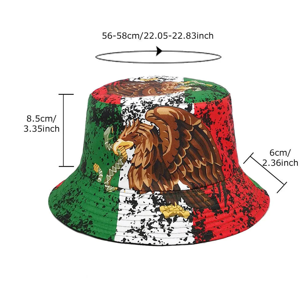 Retro-style bucket hat with an eagle pattern in polyester, showing dome crown.