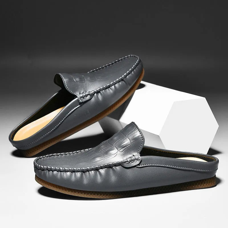 Men's black breathable semi-slippers with an artificial PU upper and rubber sole on a white background.